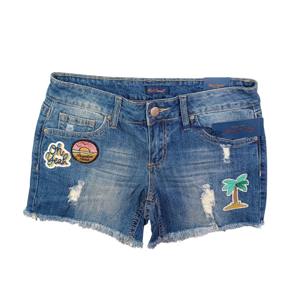 Red‎ Camel Distressed Denim Shorts Patches Size 7 Blue Cutoff Jean Y2K Festival